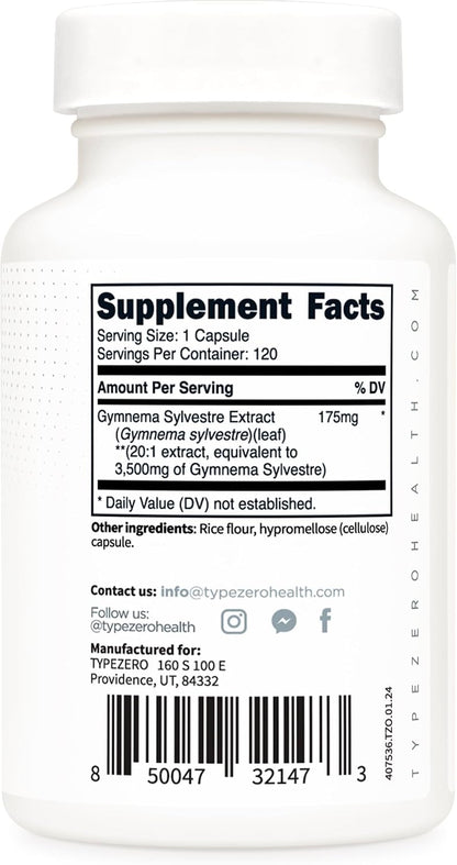 Type Zero Clean Gymnema Sylvestre Extract 120 Capsules for 120 Servings Per Bottle - Non-GMO. Gluten Free