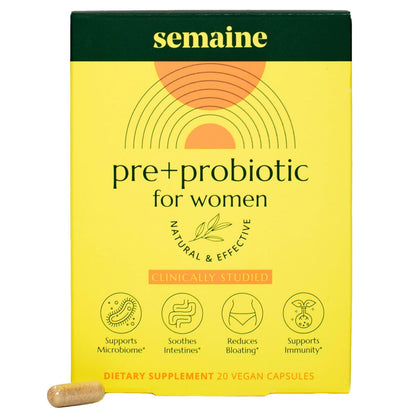 Semaine Health Prebiotics and Probiotics for Women - Women Probiotic + Prebiotic with Standardized Ginger, Psyllium Husk & Acacia Gum, 4 Billion CFU Lactobacillus, 60 Vegetable Capsules