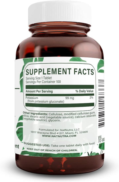 Natural Nutra Elemental Potassium Gluconate 99 mg Dietary Supplement – Promotes Energy, Helps Boost Nervous System, Promotes Heart Health, Mineral Regulation, Muscle Function - 100 Vegan Tablets