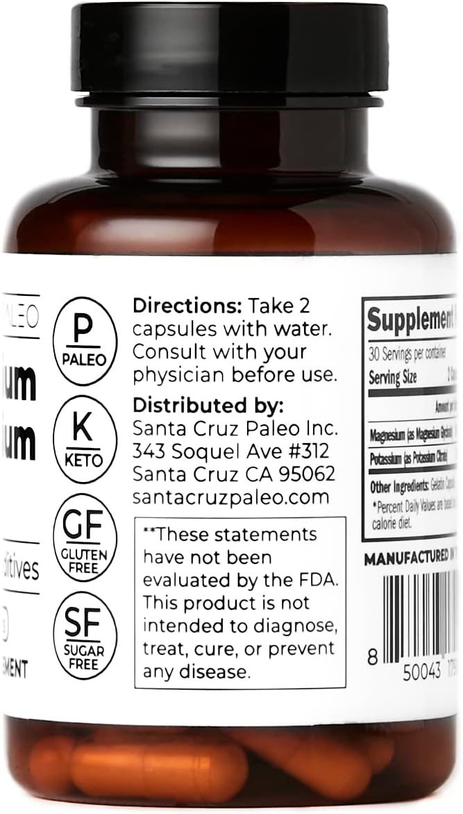 Santa Cruz Paleo Magnesium + Potassium Caps, Supplement for Men and Women, Paleo, Keto, Sugar & Gluten Free, Magnesium Glycinate 166mg and Potassium Citrate 38mg per Serving, American Made, 60 Caps