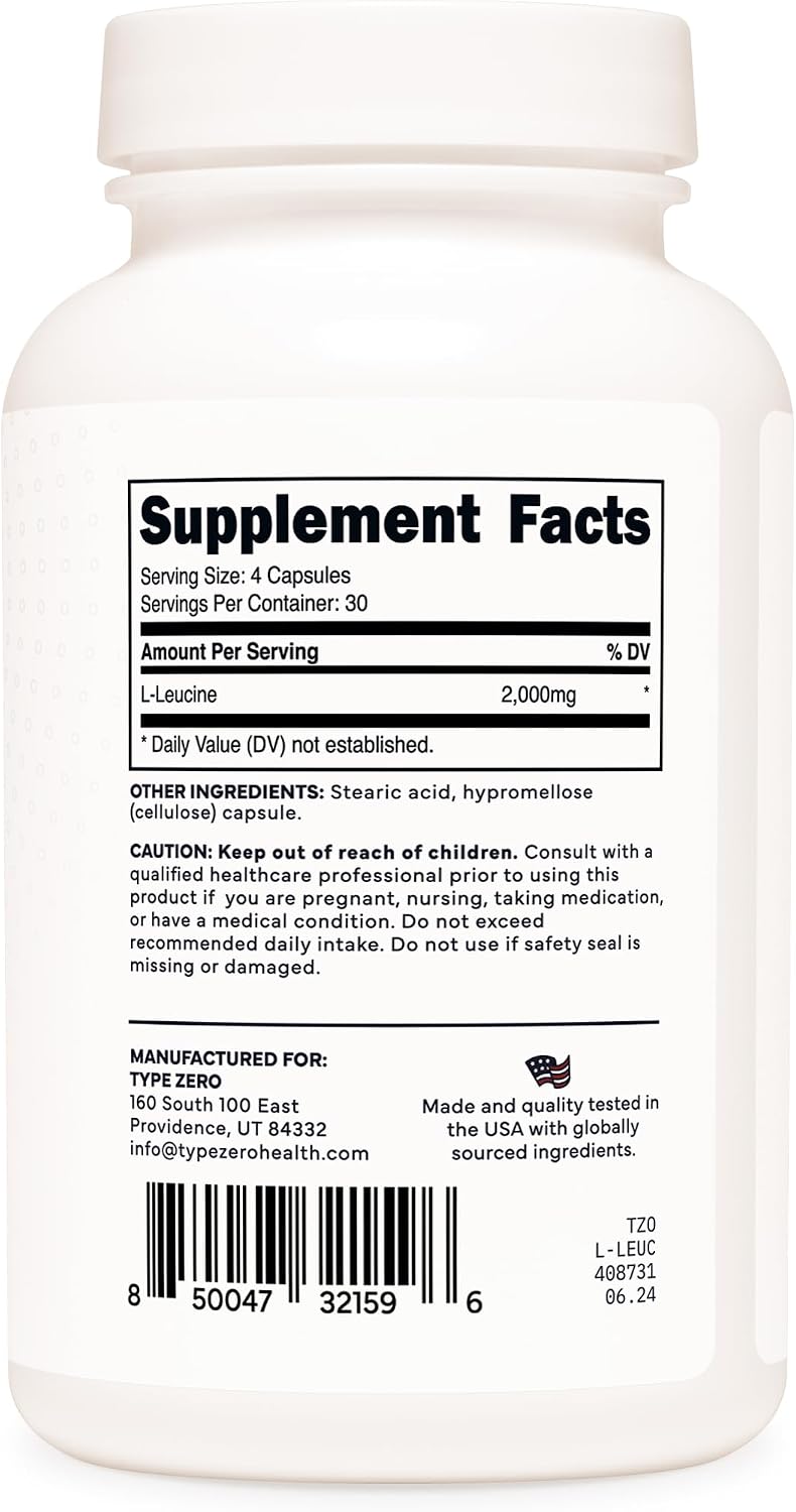 Type Zero L-Leucine Capsules (2000mg) 120 Capsules, 30 Servings