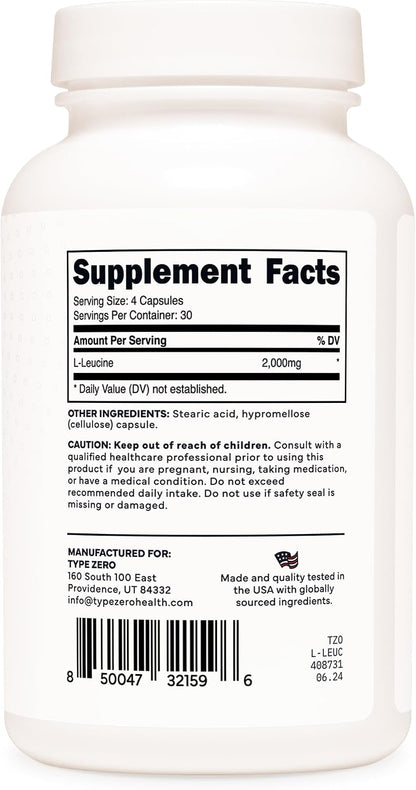 Type Zero L-Leucine Capsules (2000mg) 120 Capsules, 30 Servings