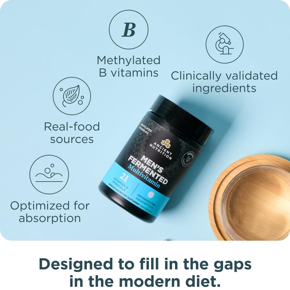 Ancient Nutrition Multivitamin for Men, Men's Fermented Multivitamin with Methylated Vitamin A, C, D, E, K, Zinc & Magnesium, Immune Support, Vegan, 60 Ct Ancient Nutrition buy supplements Au