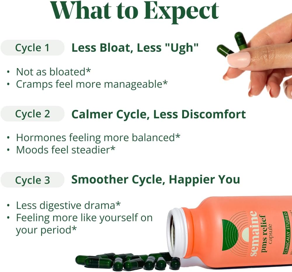Semaine PMS Relief for Women, Period Cramp Relief, Period Cramps, Menstrual Cramps, PMS Support Supplement for Women, Bloating and Mood, Boswellia and Curcumin, 40 Capsules