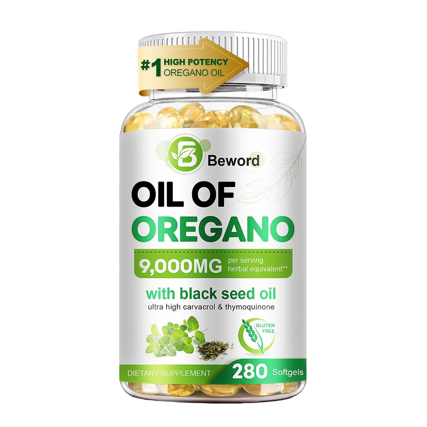 BEWORD Oil of Oregano with Black Seed Oil, 280 Softgels, 9000mg Per Serving – 2-in-1 Oregano Supplement for Immune Health with High Carvacrol & Thymoquinone | Plant-Based, Non-GMO