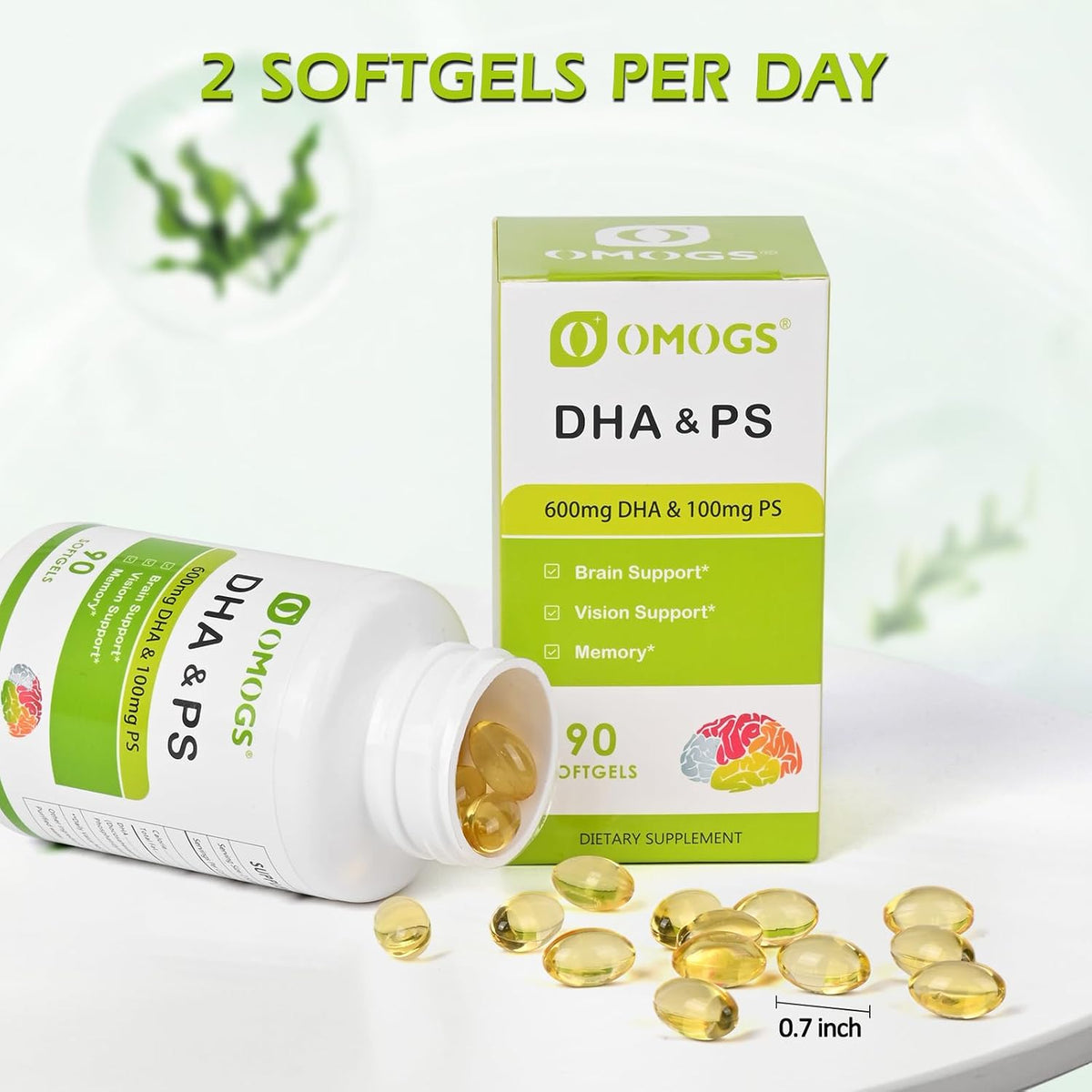 OMOGS Algae DHA - 600 mg Omega-3 DHA Softgels, with Phosphatidylserine & Walnut Oil, Supports Healthy Brain Function, Vision, Eye & Memory, Gluten Free, Non-GMO, 90 Softgels