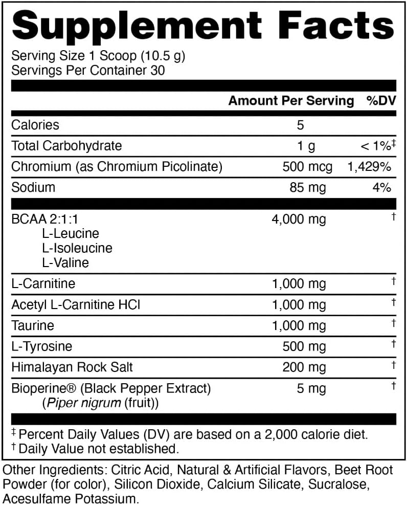 Bucked Up Racked Blood Raz | Intra Workout BCAA 2-1-1 Formula with L Carnitine Acetyl L Carnitine Taurine and L Tyrosine | Amino Acid Powder Supplement (30 Servings)