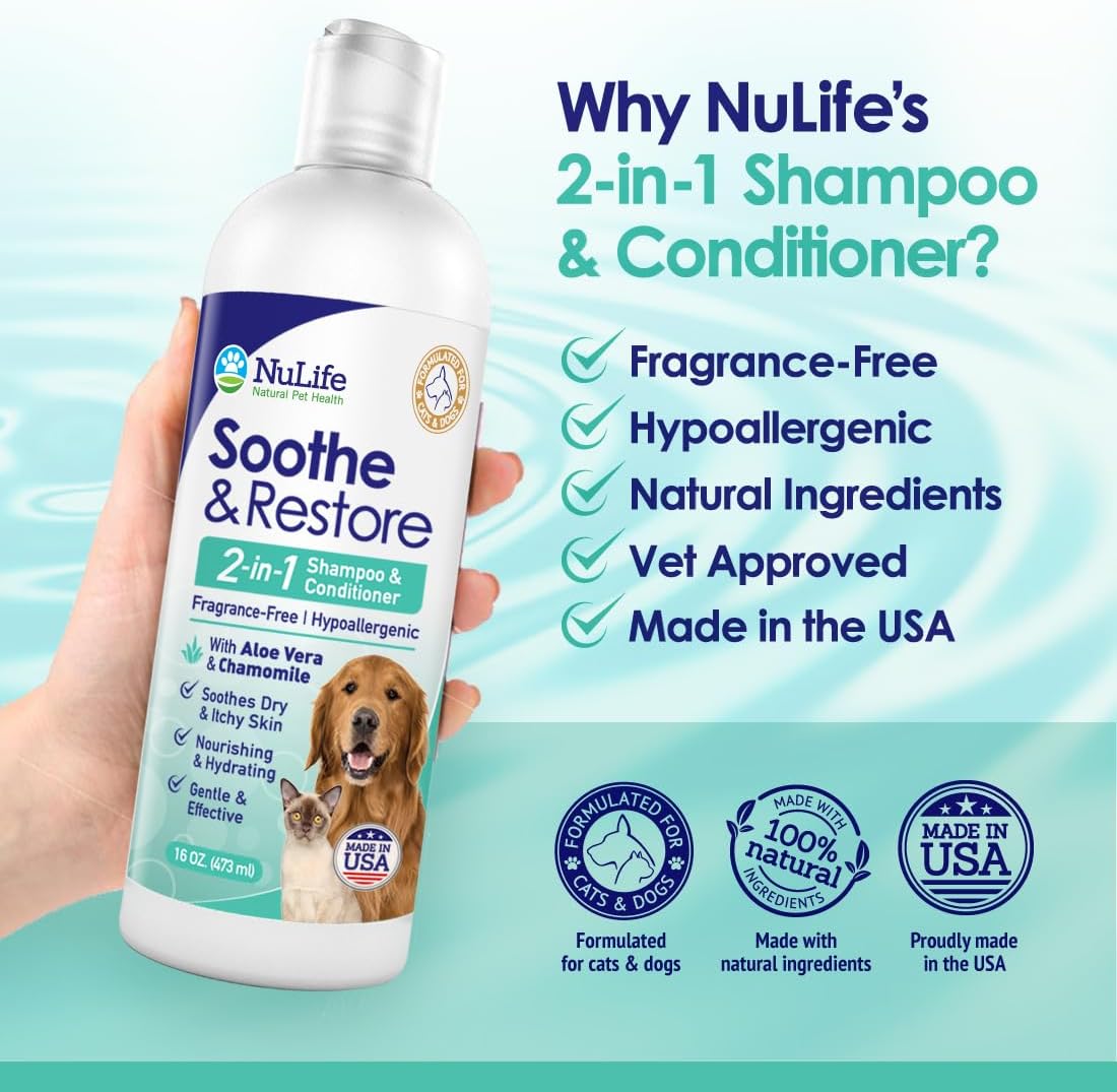 2-in-1 Dog Shampoo and Conditioner with Soothing Aloe Vera & Chamomile, Sensitive Skin, Fragrance-Free, Hypoallergenic Formula Provides Itchy Skin Relief from Dry Skin & Allergies - 16oz