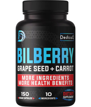 Black supplement bottle labeled 'Bilberry Grape Seed + Carrot' with Dedico branding on a white background.