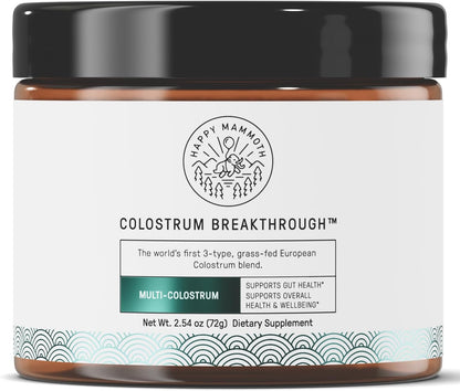 Happy Mammoth Triple Source Colostrum Powder Supplement for Gut Lining Maintenance | High in Immunoglobulins & Lactoferrin | Bovine, Sheep, Goat | Grass-Fed, European Ethical Sourced |24 Servings