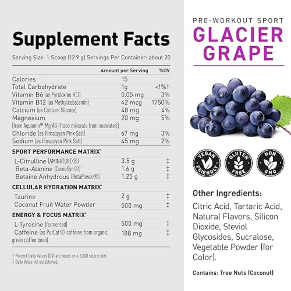 Kaged Pre Sport Pre Workout Powder Glacier Grape Creatine Monohydrate Micronized Powder Bundle, Energy & Muscle Recovery Supplement Pack, 20 Servings Pre-Workout + 100 Servings Creatin
