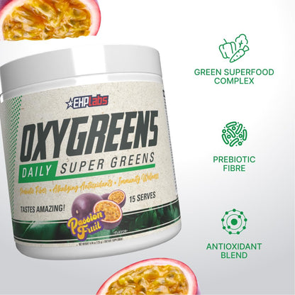 EHP Labs OxyGreens Super Greens Powder with Spirulina & Chlorella, Prebiotic Fiber, Probiotics & Digestive Enzymes – Antioxidant Green Superfood Supplement - 15 Serves (Pineapple)