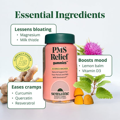 Semaine PMS Relief for Women, Period Cramp Relief, Period Cramps, Menstrual Cramps, PMS Support Supplement for Women, Bloating and Mood, Boswellia and Curcumin, 40 Capsules