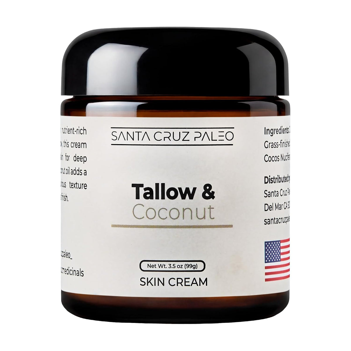 Santa Cruz Paleo, Suet Beef Tallow & Coconut Moisturizer, Organic, Grassfed Beef Tallow Skin Care, Non-Comedogenic Face & Body Moisturizer for Sensitive Skin, Coconut, 3.5 Oz