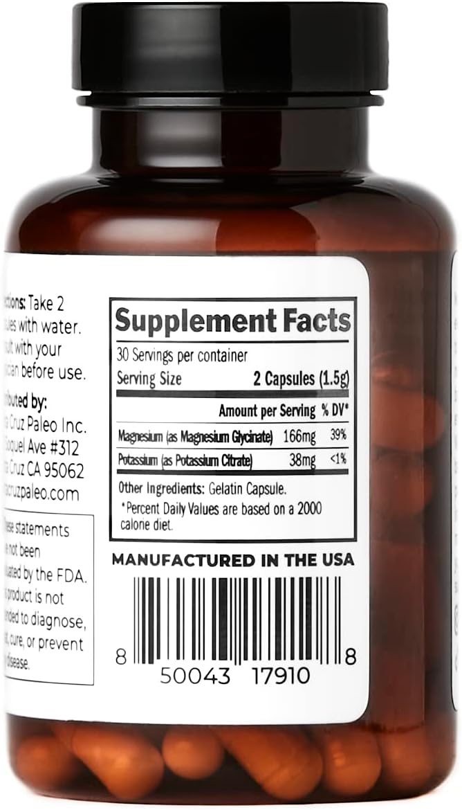 Santa Cruz Paleo Magnesium + Potassium Caps, Supplement for Men and Women, Paleo, Keto, Sugar & Gluten Free, Magnesium Glycinate 166mg and Potassium Citrate 38mg per Serving, American Made, 60 Caps