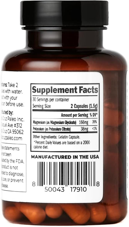 Santa Cruz Paleo Magnesium + Potassium Caps, Supplement for Men and Women, Paleo, Keto, Sugar & Gluten Free, Magnesium Glycinate 166mg and Potassium Citrate 38mg per Serving, American Made, 60 Caps