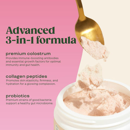 Bloom Nutrition Bovine Colostrum Powder with Vitamin B-12 for Gut Health, Immune Support, Hair Growth & Beauty Supplement | Strawberry, 25 Servings