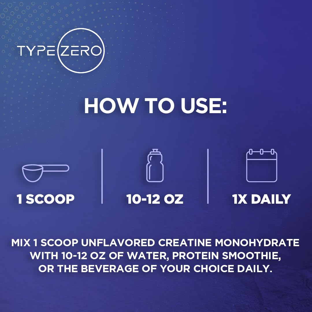 Type Zero Creatine Monohydrate Powder (Unflavored) 500 Grams, Micronized | 5000mg Per Serving, Zero Sugar, Keto Friendly & Gluten-Free, 100 Servings