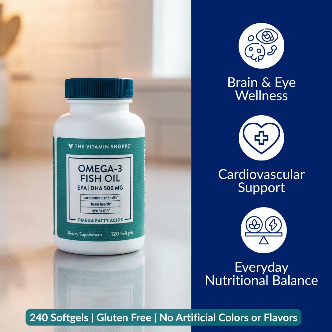 Suplement ​The Vitamin Shoppe Brand Omega 3 Fish Oil 1000mg with EPA DHA 500mg, Cardiovascular, Brain & Eye Health Support for Men and Women, Sourced from Anchovy, VelvetGlow USA