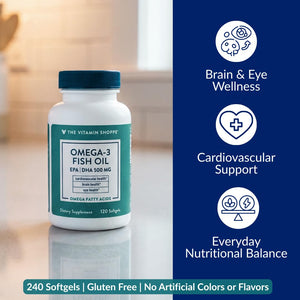 Suplement ​The Vitamin Shoppe Brand Omega 3 Fish Oil 1000mg with EPA DHA 500mg, Cardiovascular, Brain & Eye Health Support for Men and Women, Sourced from Anchovy, VelvetGlow USA