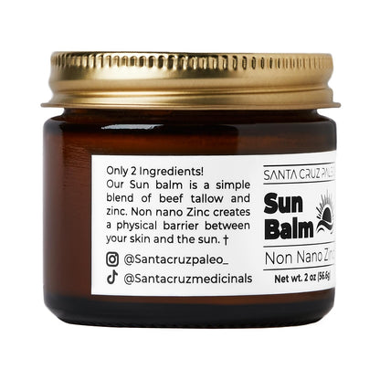 Santa Cruz Paleo, Beef Tallow Sun Balm with Non-Nano Zinc Oxide, Sunscreen Free, Unscented, Natural Mineral Sun Protection for Face & Body, Acne Safe, Moisturizer, Non Comedogenic, Organic Balm, 2 Oz