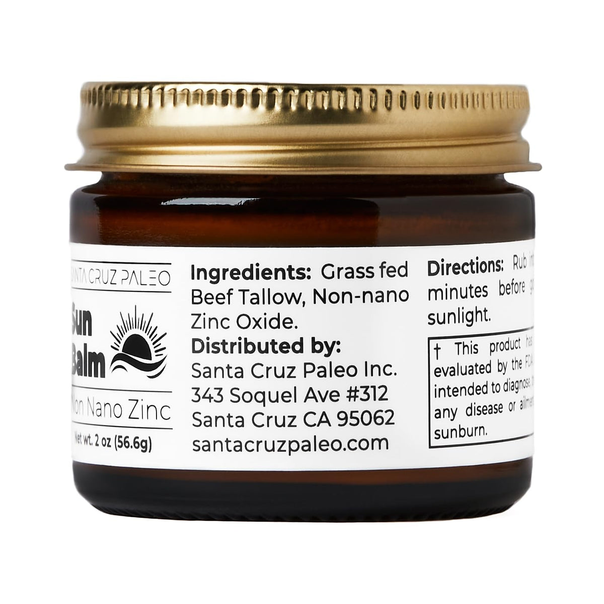 Santa Cruz Paleo, Beef Tallow Sun Balm with Non-Nano Zinc Oxide, Sunscreen Free, Unscented, Natural Mineral Sun Protection for Face & Body, Acne Safe, Moisturizer, Non Comedogenic, Organic Balm, 2 Oz
