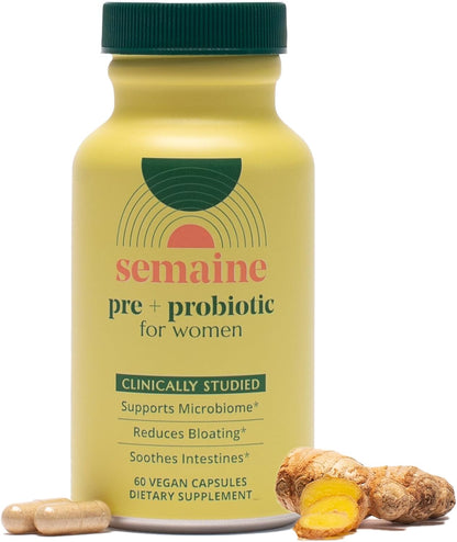 Semaine Health Prebiotics and Probiotics for Women - Women Probiotic + Prebiotic with Standardized Ginger, Psyllium Husk & Acacia Gum, 4 Billion CFU Lactobacillus, 60 Vegetable Capsules
