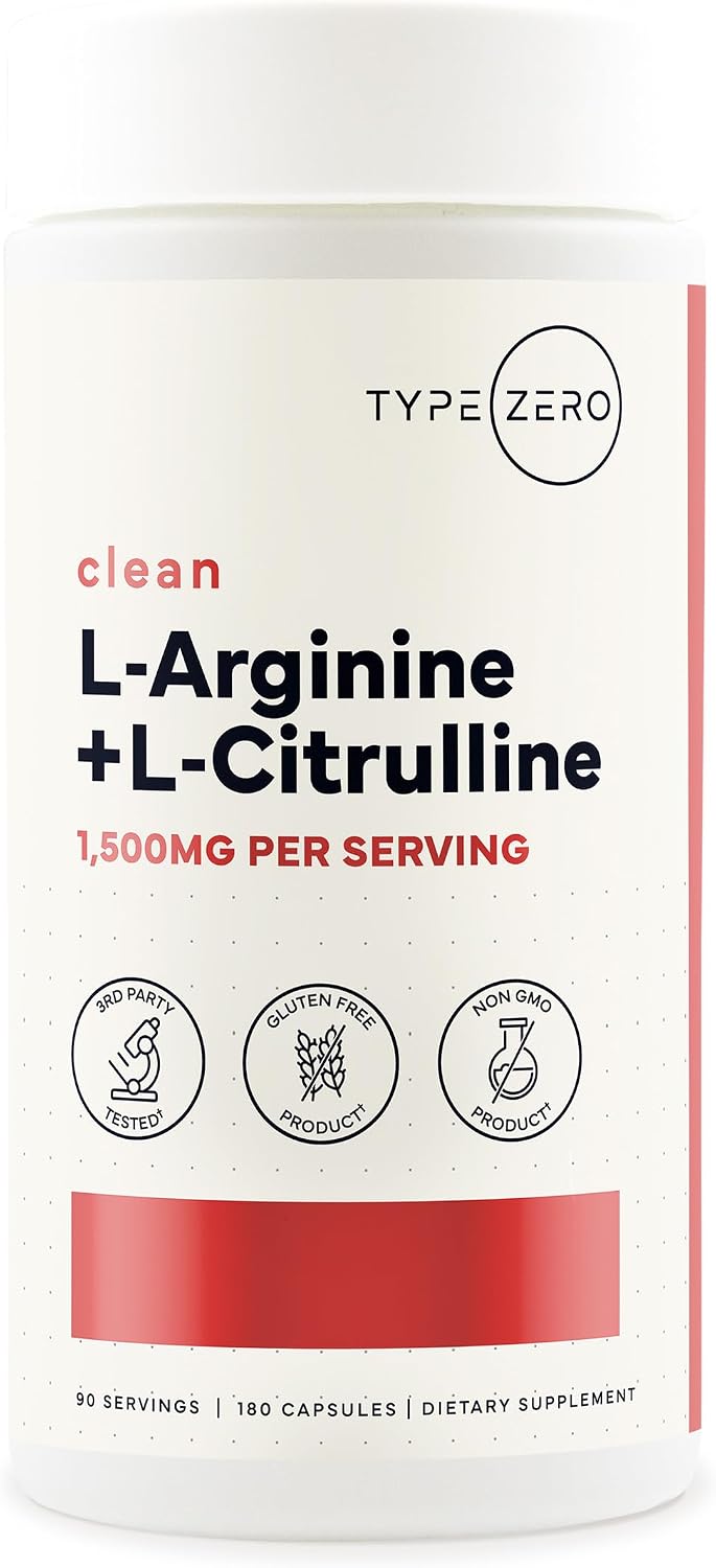 Type Zero L-Arginine + L-Citrulline Supplement (1500mg) 180 Capsules | Nitric Oxide Booster, Clean, Keto-Friendly, GMO-Free, 90 Servings