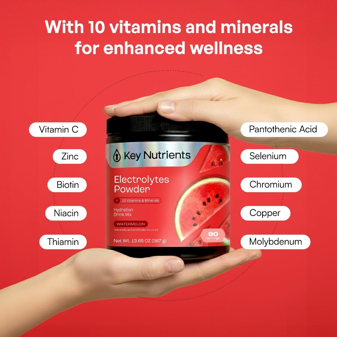 KEY NUTRIENTS Electrolytes Powder Bundle, Sweet Cherry Pom 90 Servings Jar + Juicy Watermelon 90 Servings Jar, Sugar Free Hydration Drink Mix with Vitamins & Minerals, No Calories