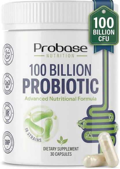Probase Nutrition Probiotic, 100 Billion CFU, 10 Strains with Prebiotics, 30 Veggie Capsules, Gluten Free for Men and Women, 30-Day Supply