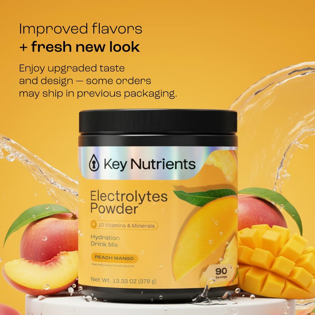 KEY NUTRIENTS Electrolytes Powder Bundle, Peach Mango 90 Servings + Variety Pack Electrolyte Packets 10 Count, Sugar Free Hydration Drink Mix with Vitamins & Minerals