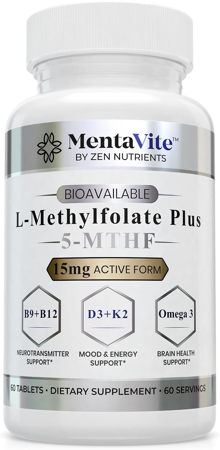 L-Methylfolate 15 mg Liposomal Matrix - Active 5-MTHF with Methylcobalamin (B12), B9, Omega 3, D3 + K2 - Methyl Folate Supplement Supports Mood, Methylation, Cognition, Vegan, 60 Tablets/Servings