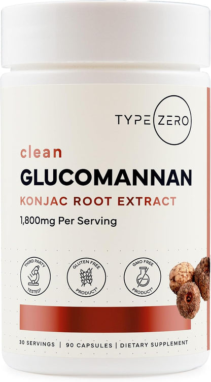 Type Zero Clean Glucomannan Konjac Root Extract (1,800mg) 90 Capsules | Gluten-Free, GMO-Free, 30 Servings