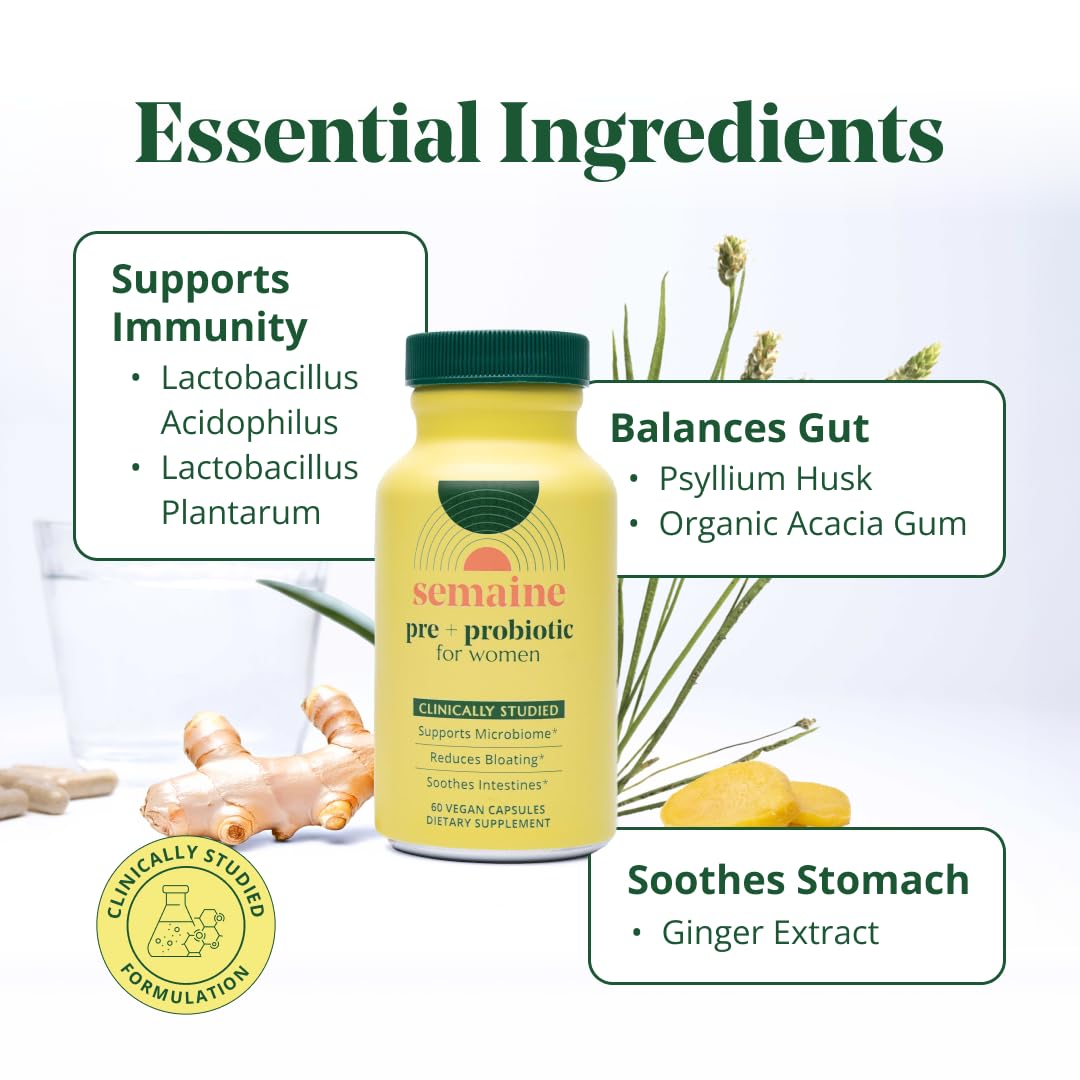 Semaine Health Prebiotics and Probiotics for Women - Women Probiotic + Prebiotic with Standardized Ginger, Psyllium Husk & Acacia Gum, 4 Billion CFU Lactobacillus, 60 Vegetable Capsules