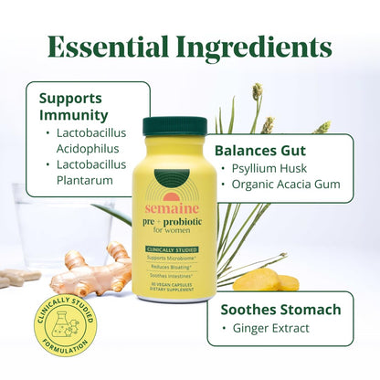 Semaine Health Prebiotics and Probiotics for Women - Women Probiotic + Prebiotic with Standardized Ginger, Psyllium Husk & Acacia Gum, 4 Billion CFU Lactobacillus, 60 Vegetable Capsules