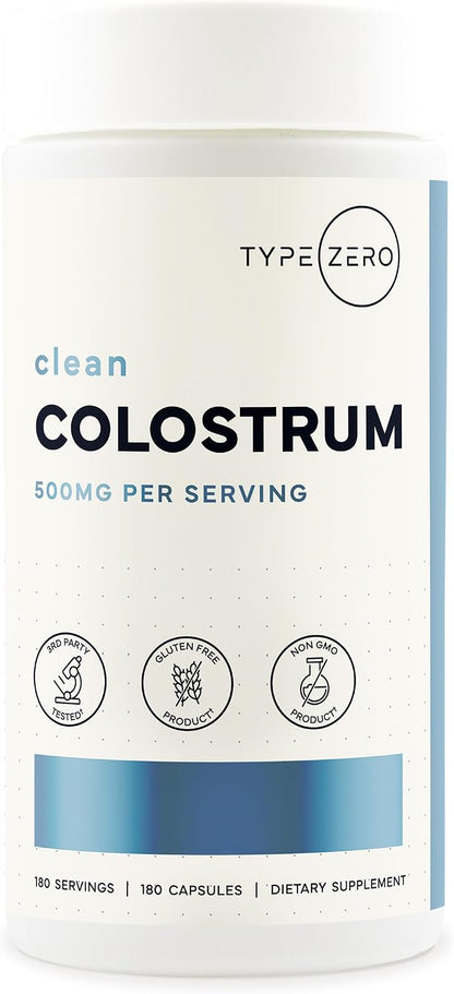 Type Zero Colostrum Supplement (500mg) 180 Capsules, Bovine Sourced | Gluten-Free, GMO-Free