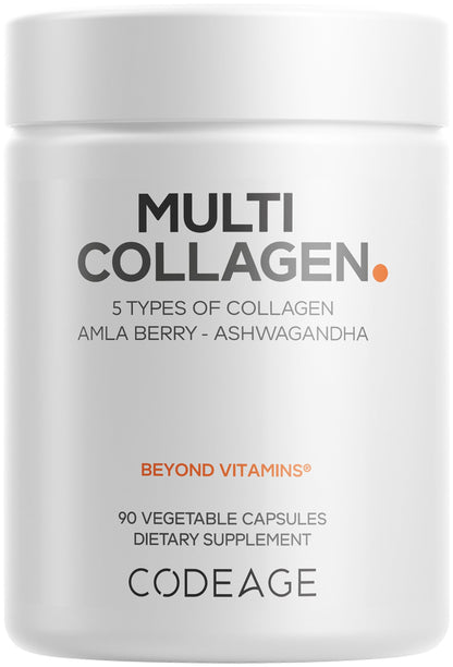 Codeage Multi Collagen Peptides Protein Capsules, 5 Collagen Types, Grass-Fed & Hydrolyzed Bovine Collagen Pills Supplement, Ashwagandha, Amla Berry Vitamins, Collagen Peptides - 90 Capsules