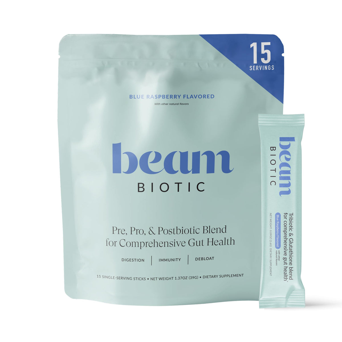 BEAM Biotic Probiotics for Women & Men – Gut Health for Women & Men, Digestive Health with Pre, Pro & Postbiotics + Glutathione, Daily Probiotic Drink for Bloating Relief, Blue Raspberry, 15 Servings