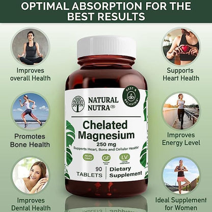 Natural Nutra Chelated Magnesium Oxide 250mg- High Absorption for Strong Bones, Heart Health, Improves Dental Health, Energy Boost, Gluten-Free, Non-GMO, 90Tablets in BPA-Free Recyclable Glass Bottles