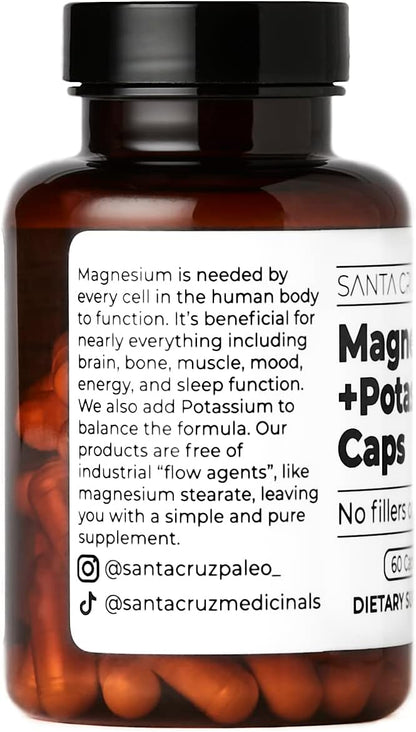 Santa Cruz Paleo Magnesium + Potassium Caps, Supplement for Men and Women, Paleo, Keto, Sugar & Gluten Free, Magnesium Glycinate 166mg and Potassium Citrate 38mg per Serving, American Made, 60 Caps