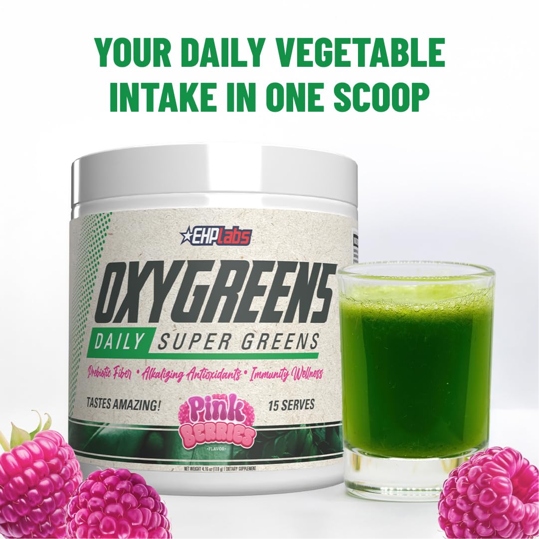 EHP Labs OxyGreens Super Greens Powder with Spirulina & Chlorella, Prebiotic Fiber, Probiotics & Digestive Enzymes – Antioxidant Green Superfood Supplement - 15 Serves (Pineapple)