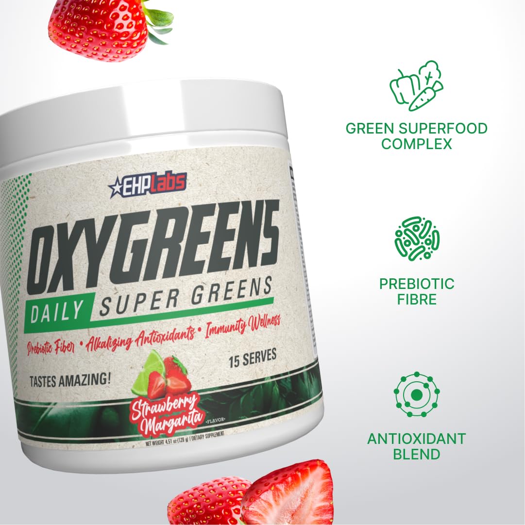 EHP Labs OxyGreens Super Greens Powder with Spirulina & Chlorella, Prebiotic Fiber, Probiotics & Digestive Enzymes – Antioxidant Green Superfood Supplement - 15 Serves (Pineapple)