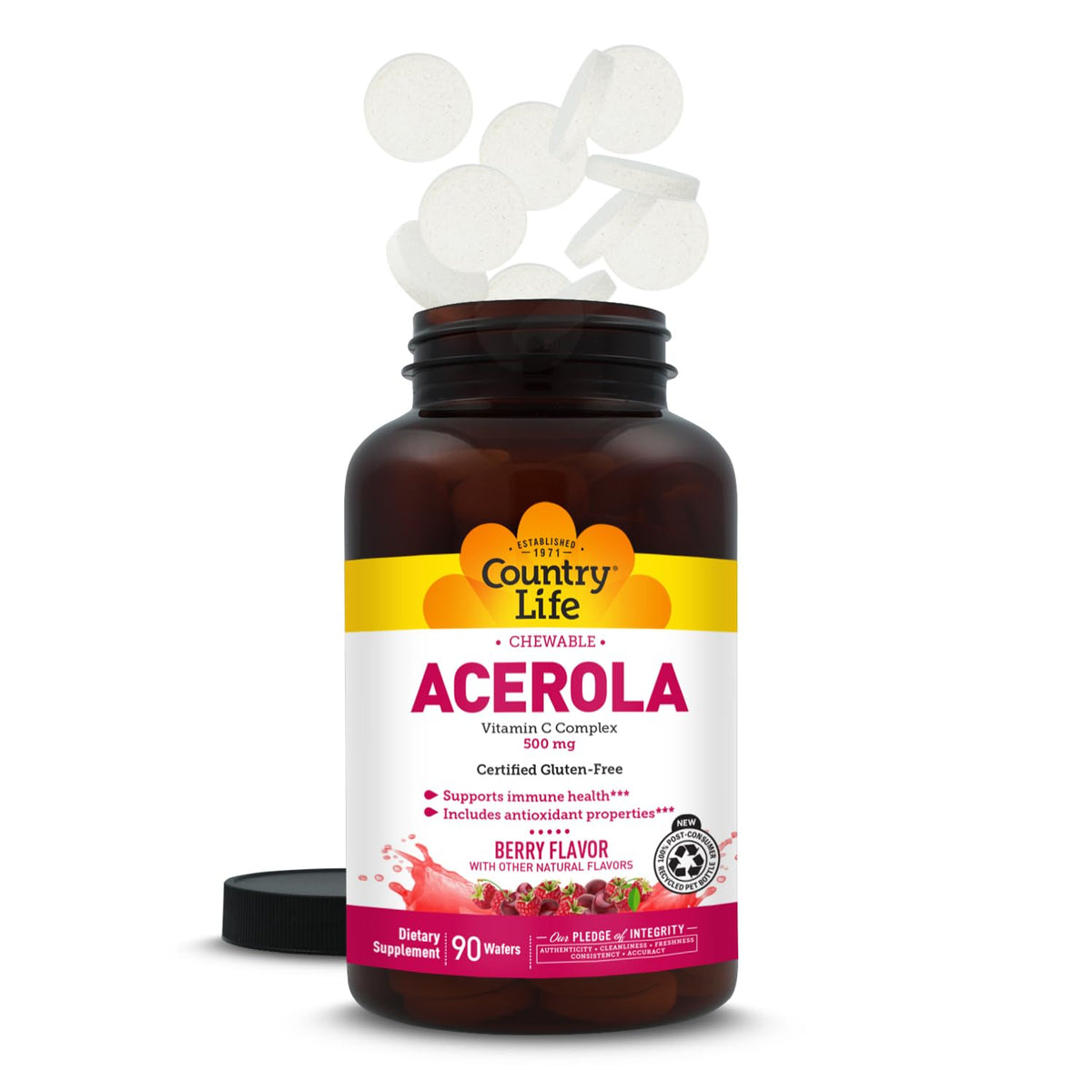 Country Life Acerola Vitamin C Complex 500 mg Chewable Wafers, 180 Count