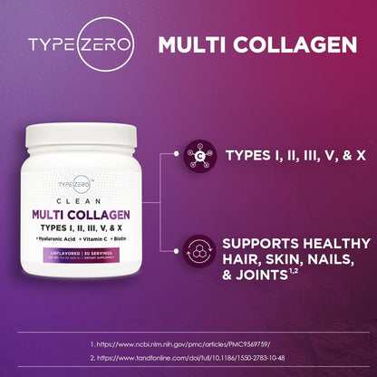 Type Zero Multi Collagen Powder 30 Servings (Unflavored) - Types I, II, III, V, & X Collagen Peptides + Hyaluronic Acid, VIT C, Biotin