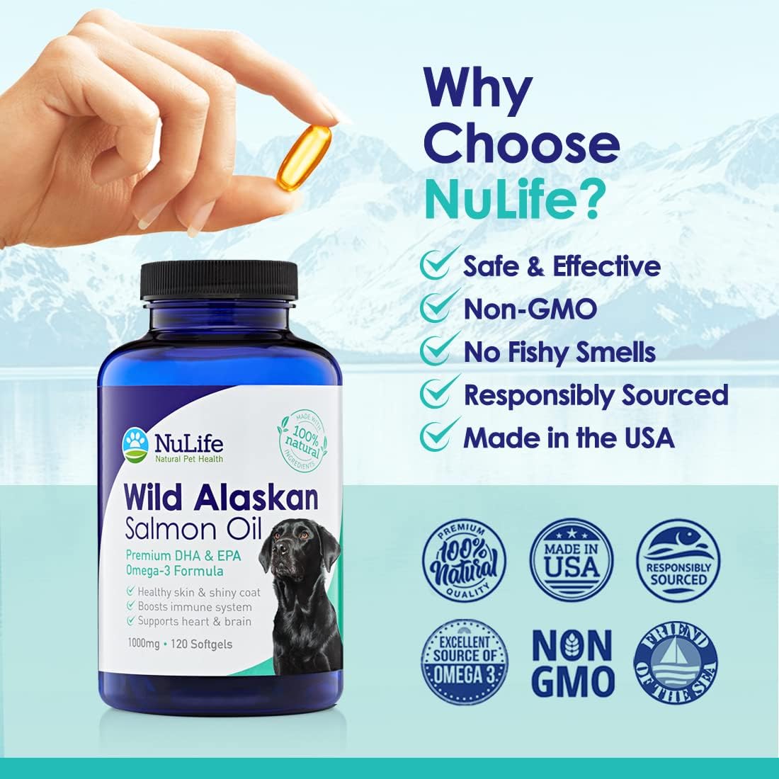 Pure Wild Alaskan Salmon Oil for Dogs, Omega 3 Fish Oil Supplement for Healthy Skin & Shiny Coat, Prevents Itchy Skin, Skin Allergies & Shedding, 120 Soft Capsules
