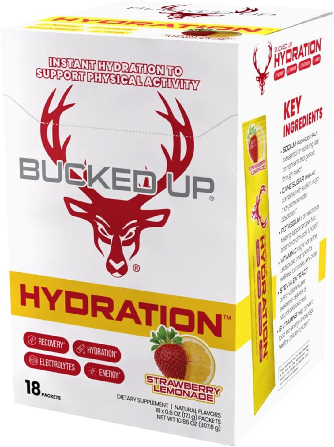 Bucked Up Hydration - Strawberry Lemonade | Electrolyte and Hydration Powder Drink Mix | 18 Packs (18 Servings)