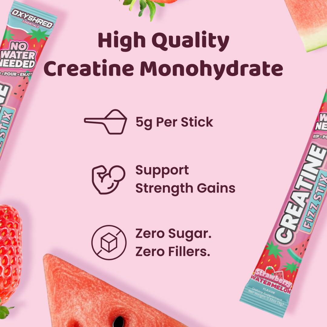 EHP Labs OxyShred Creatine Monohydrate Fizz Sticks, Cherry Slushie, 15 Pack | 5g Micronized Creatine Per Stick. No Water Needed, Zero Sugar, Vegan & Gluten Free. Single Serve On The Go.