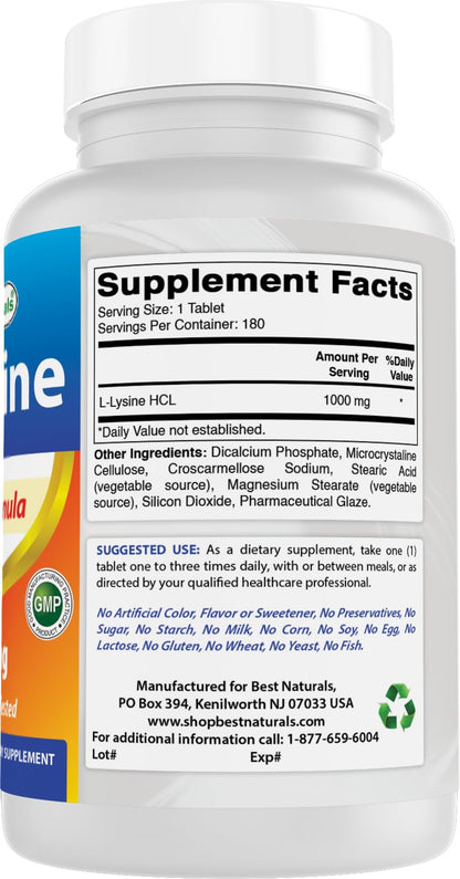 Best Naturals L-Lysine 1000mg 180 Tablets - Double Strength Lysine for stronger immune health & cold sores