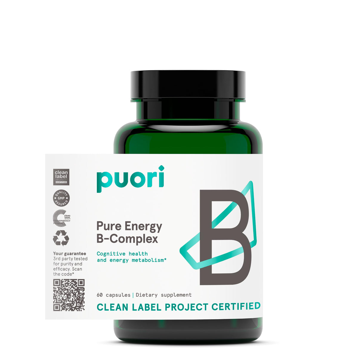 Suplement ​Puori Pure Energy Vitamin B-Complex with 8 Essential Vitamins - Active & Methylated B Vitamins (Thiamin, Riboflavin, Niacin, B6, Folate & B12) - Biotin, Inositol, Pantothenic Acid & Choline - VelvetGlow USA