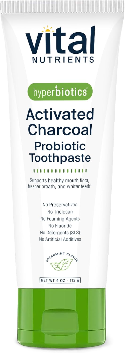 Vital Nutrients Hyperbiotics Activated Charcoal Probiotic Toothpaste | Supports Healthy Mouth Flora, Fresher Breath, Whiter Teeth | Spearmint Flavor | Non-GMO | Gluten, Dairy, Soy Free | 4 oz